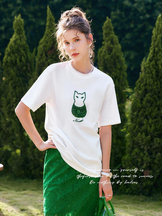 OLrain法式高级穿搭白色短袖t恤女夏季2022新款宽松猫咪刺绣上衣 商品图2