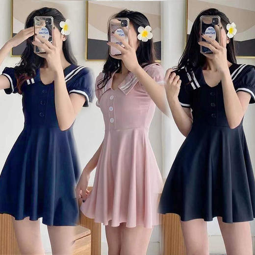 泳衣女连衣裙式两件套专业泳衣学生保守显瘦海军风度假泡温泉 商品图1