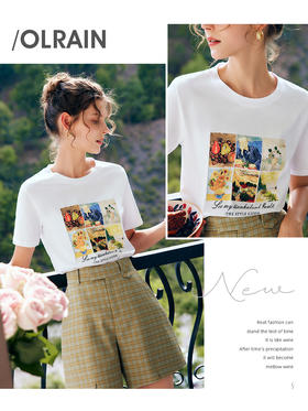 OLrain法式高级穿搭白色短袖T恤女夏季2022新款时尚印花纯棉上衣