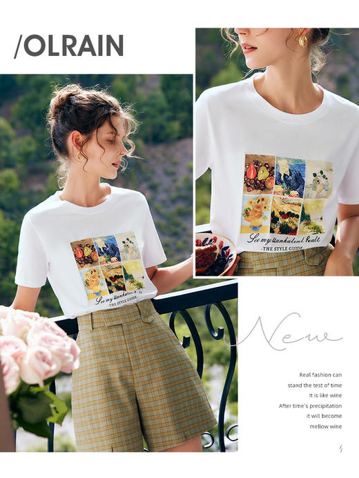 OLrain法式高级穿搭白色短袖T恤女夏季2022新款时尚印花纯棉上衣 商品图0