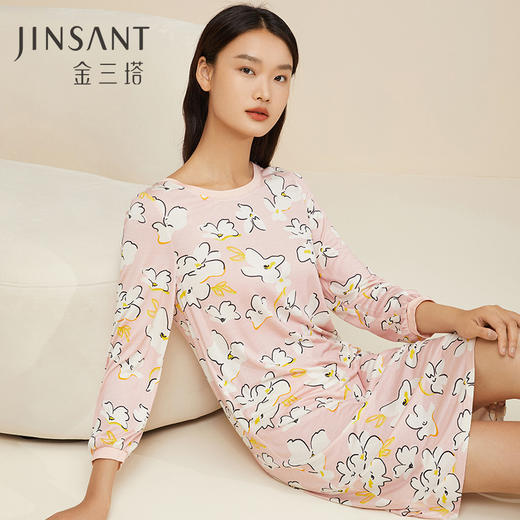 金三塔100%桑蚕丝女士粉色花朵印花睡裙秋冬新品   YZFCC302 商品图0