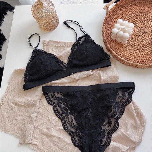 法式三角杯内衣蕾丝薄款无钢圈细带小胸无痕不空杯文胸套装女 商品图4