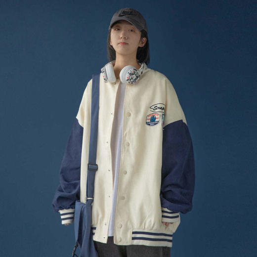 AzLan拼接棒球服外套女薄款2021新款春秋韩版宽松日系学生bf百搭 商品图3