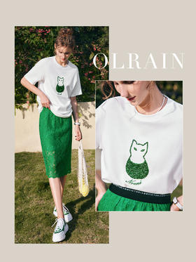 OLrain法式高级穿搭白色短袖t恤女夏季2022新款宽松猫咪刺绣上衣
