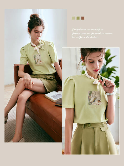 OLrain法式高级穿搭绿色短袖t恤女夏季2022年新款泡泡袖丝巾上衣 商品图3