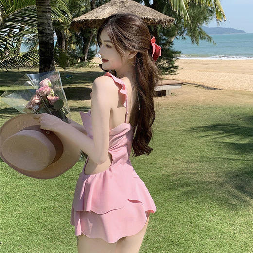 【连体式荷叶边裙式泳衣】黛唯梵泳衣女夏纯欲风仙女范遮肚显瘦性感荷叶边可爱保守连体裙式泳装 商品图3