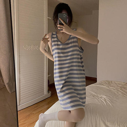 【衣舒心，梦缤纷】黛唯梵夏季薄款2022年新款背心睡裙女吊带纯欲风无袖条纹睡衣裙 商品图3