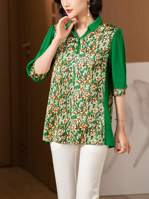 MZ 803427洋气碎花仿真丝衬衫时尚印花拼接气质翻领 商品图2