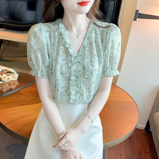 夏季新款人鱼姬碎花雪纺衫，时尚V领木耳边上衣淑女短袖KQL-9359 商品图2