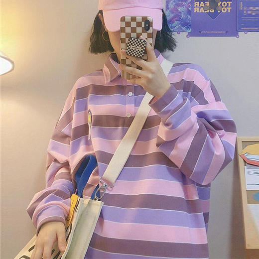 早春新款polo领条纹卫衣女宽松bf慵懒风设计感小众秋季上衣ins潮 商品图0