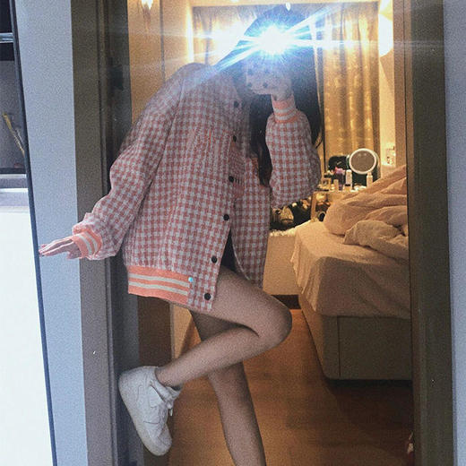 粉色软糯小香风外套女小个子别致上衣2022春季潮牌格子宽松棒球服 商品图2