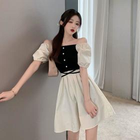 黛唯梵温柔风茶歇桔梗裙2022新款方领法式初恋公主风一字领连衣裙女夏天