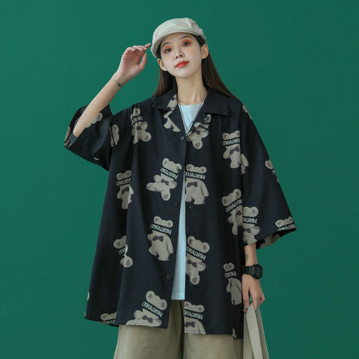 小熊衬衫女设计感小众2021新款夏短袖五分袖复古薄款外套港味衬衣 商品图4