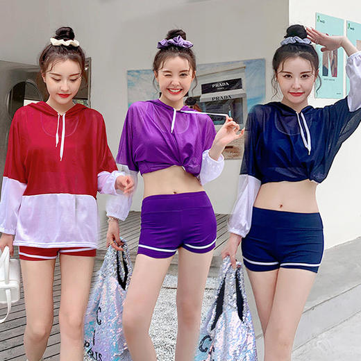 泳衣女式分体运动三件套新款连帽拼接游泳装度假温泉专业泳衣 商品图1