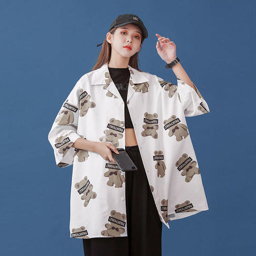 小熊衬衫女设计感小众2021新款夏短袖五分袖复古薄款外套港味衬衣 商品图6