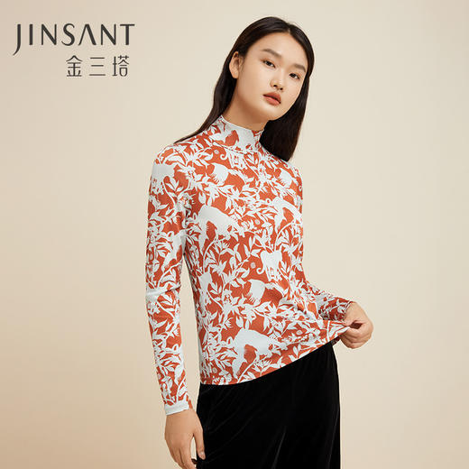 金三塔100%桑蚕丝舒适温润女士真丝时尚印花打底衫搭配上衣 新品   NZFCC724 商品图1