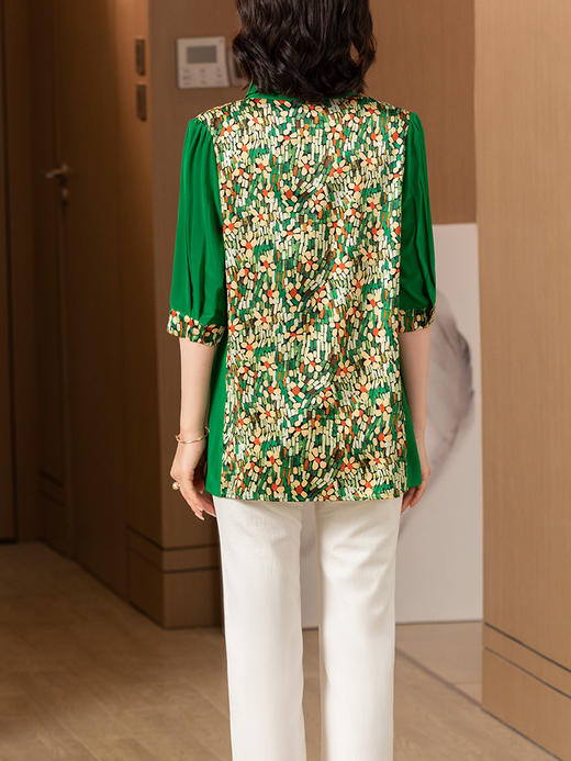 MZ 803427洋气碎花仿真丝衬衫时尚印花拼接气质翻领 商品图3