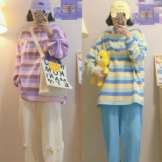早春新款polo领条纹卫衣女宽松bf慵懒风设计感小众秋季上衣ins潮 商品图2