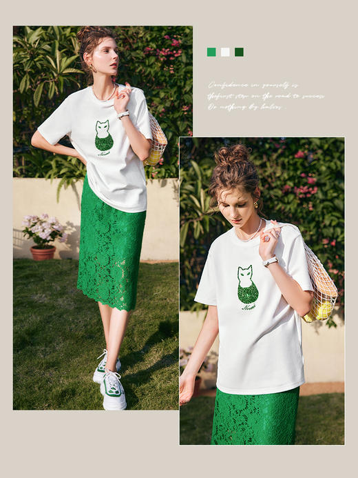 OLrain法式高级穿搭白色短袖t恤女夏季2022新款宽松猫咪刺绣上衣 商品图3