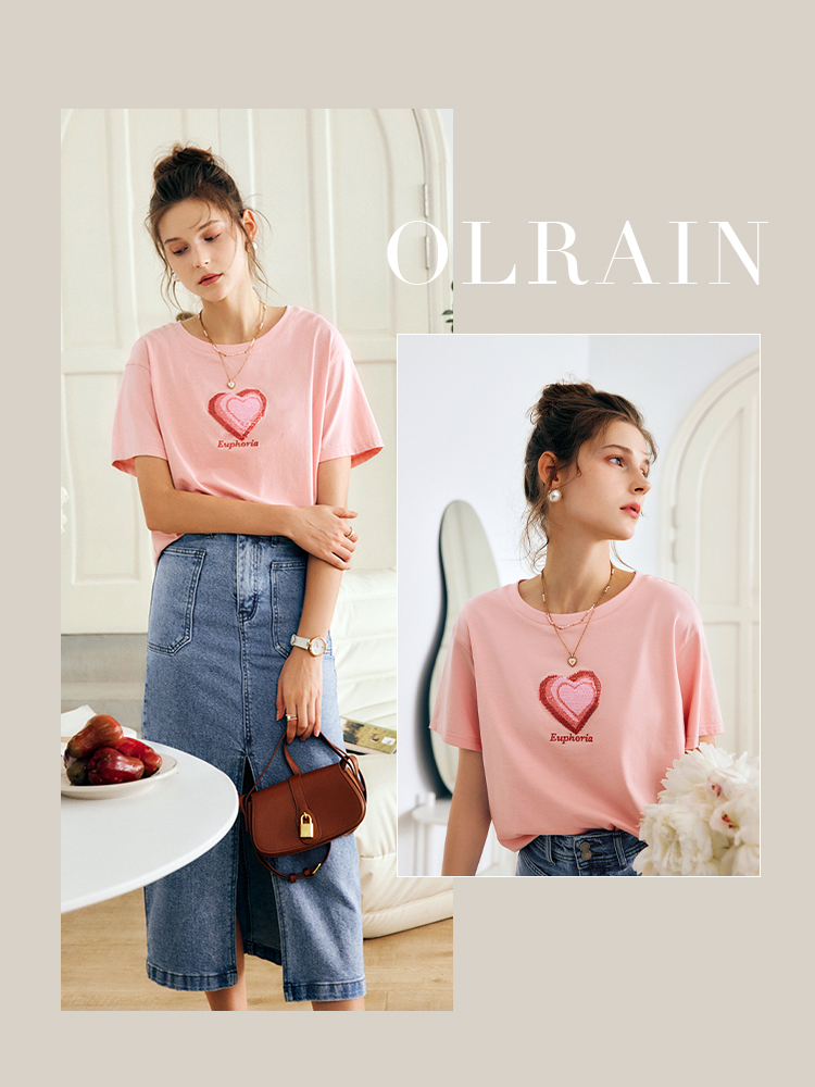 OLrain法式粉色短袖T恤女夏季2022新款宽松显瘦爱心珠片圆领上衣