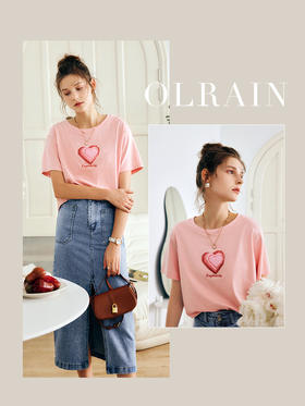 OLrain法式粉色短袖T恤女夏季2022新款宽松显瘦爱心珠片圆领上衣