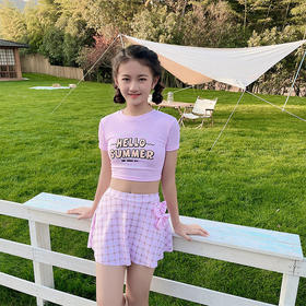 儿童泳衣女新款分体两件套女童中大童游泳衣可爱蝴蝶结格子田园风