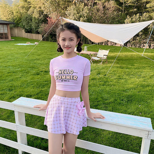 儿童泳衣女新款分体两件套女童中大童游泳衣可爱蝴蝶结格子田园风 商品图0