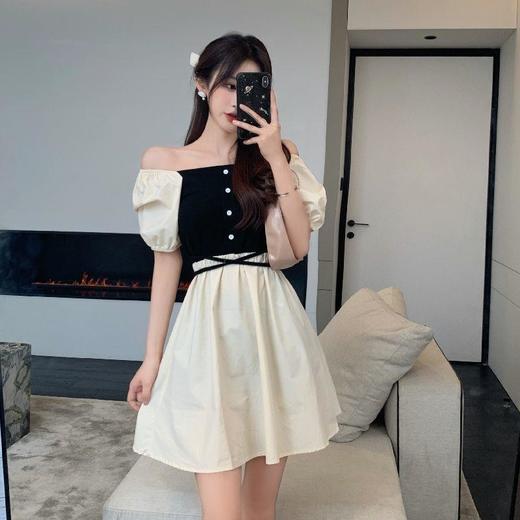 黛唯梵温柔风茶歇桔梗裙2022新款方领法式初恋公主风一字领连衣裙女夏天 商品图1