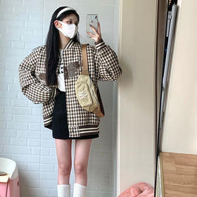 粉色软糯小香风外套女小个子别致上衣2022春季潮牌格子宽松棒球服