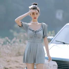 泳衣女连体新款法式优雅连衣裙式泳装荷叶边小清新保守显瘦泡温泉