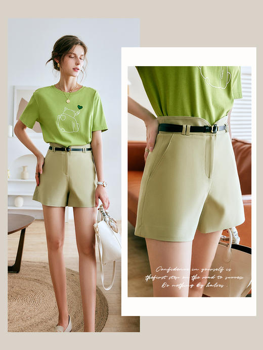欧芮儿OLrain法式绿色休闲裤女夏季2022年新款高腰阔腿西装短裤 商品图0
