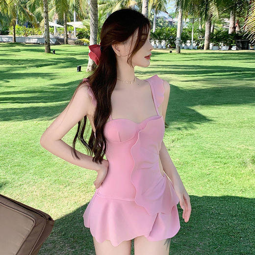 【连体式荷叶边裙式泳衣】黛唯梵泳衣女夏纯欲风仙女范遮肚显瘦性感荷叶边可爱保守连体裙式泳装 商品图1