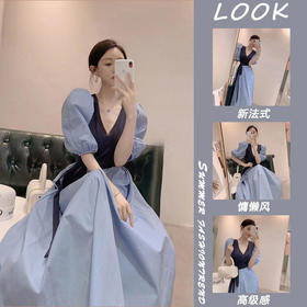 裙子女夏2022新款胖mm法式收腰显瘦气质女神范撞色超仙初恋连衣裙