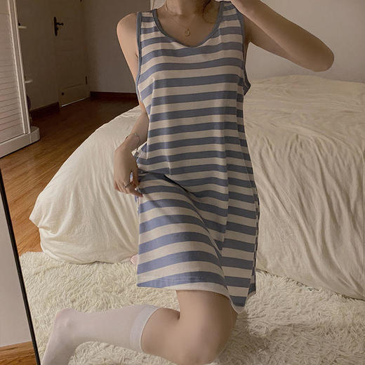 【衣舒心，梦缤纷】黛唯梵夏季薄款2022年新款背心睡裙女吊带纯欲风无袖条纹睡衣裙 商品图2