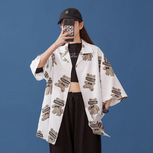 小熊衬衫女设计感小众2021新款夏短袖五分袖复古薄款外套港味衬衣 商品图7