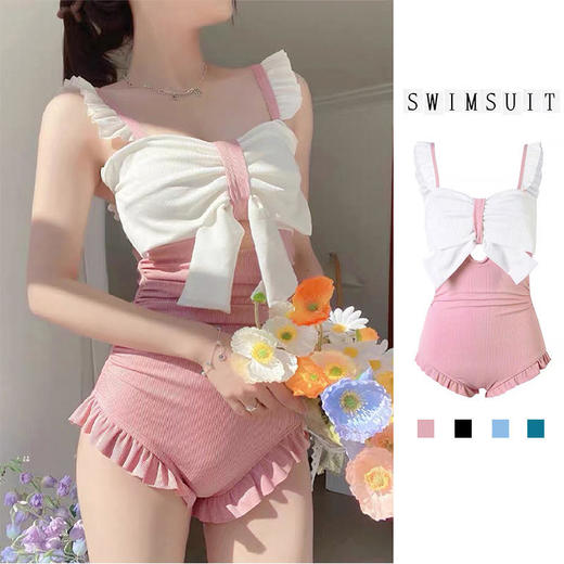 专业泳衣女新款连体少女吊带荷叶边蝴蝶结泳装显瘦修身泡温泉 商品图0