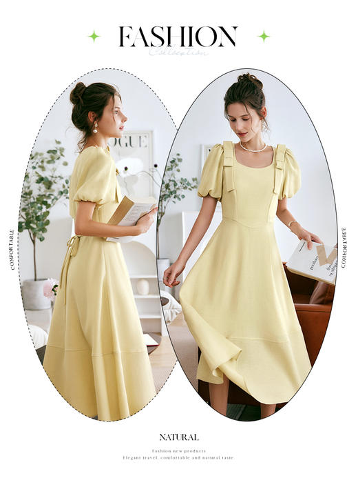 OLrain法式高级穿搭黄色短袖连衣裙女夏季2022新款气质方领显瘦裙 商品图2