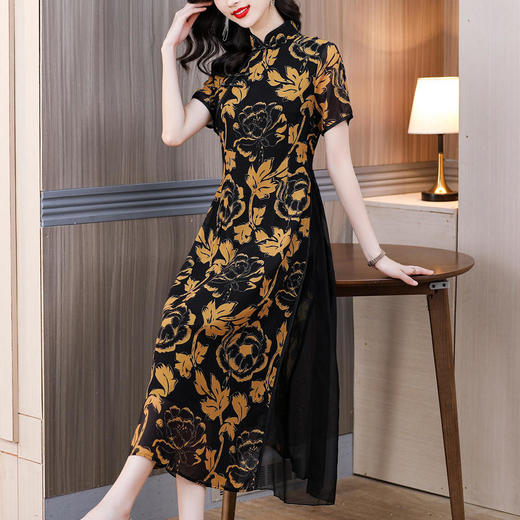 AHM-blx9288新款复古优雅气质改良修身立领短袖印花旗袍裙 商品图4