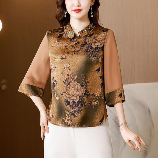 DP1456 真丝大码绣花桑蚕丝衬衫女2022夏季新款领宽松洋气显瘦印花上衣女 商品图0