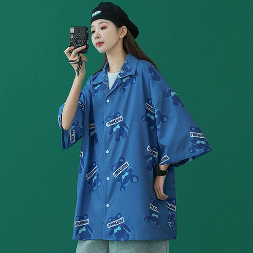 小熊衬衫女设计感小众2021新款夏短袖五分袖复古薄款外套港味衬衣 商品图1