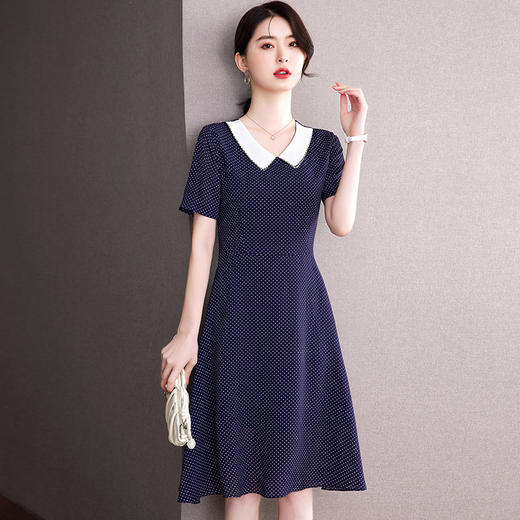 2022年新款收腰显瘦温柔风娃娃领短袖女中长款波点连衣裙  QB-LL89036 商品图1