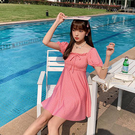 厂家直销泳衣女遮肚显瘦连体裙式保守小清新格子温泉度假泳装