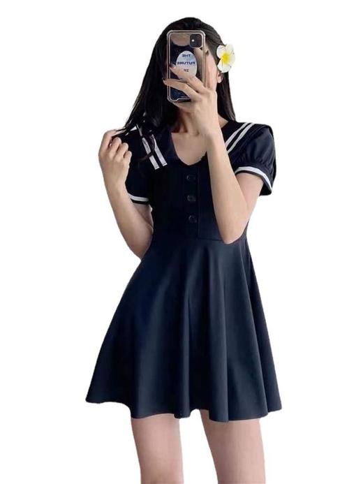 泳衣女连衣裙式两件套专业泳衣学生保守显瘦海军风度假泡温泉 商品图2
