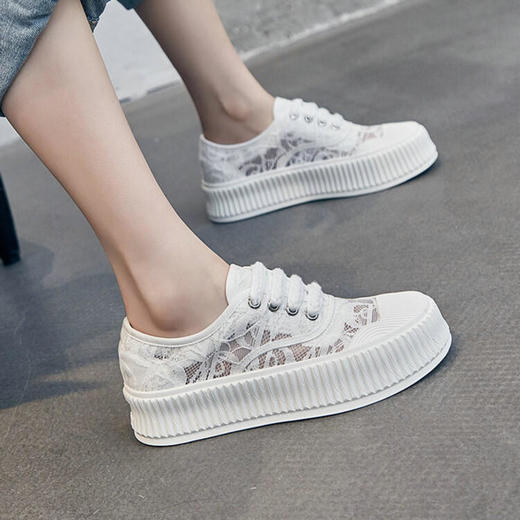 小香风蕾丝渔夫鞋，网面透气休闲板鞋小白鞋 KFY-18213 商品图0