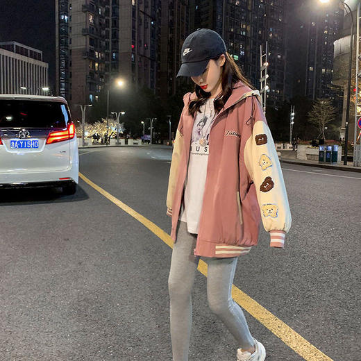 外套女春秋百搭薄款2021新款韩版宽松学生可爱小熊情侣拼色棒球服 商品图6
