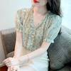 夏季新款人鱼姬碎花雪纺衫，时尚V领木耳边上衣淑女短袖KQL-9359 商品缩略图0