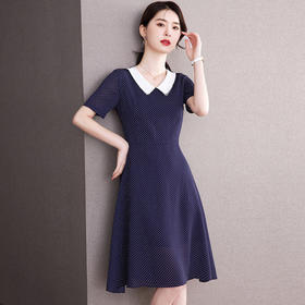 2022年新款收腰显瘦温柔风娃娃领短袖女中长款波点连衣裙  QB-LL89036