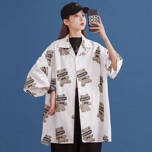 小熊衬衫女设计感小众2021新款夏短袖五分袖复古薄款外套港味衬衣 商品图5