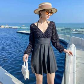 泳衣女连体长袖钢托蕾丝连衣裙泳装纯色钢托聚拢保守显瘦泡温泉夏