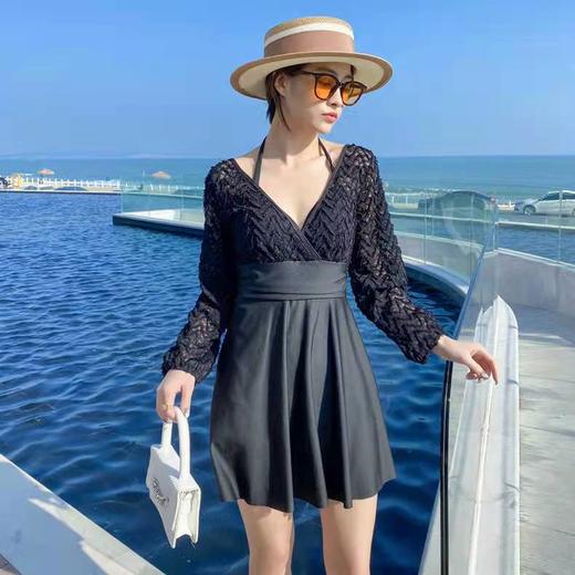 泳衣女连体长袖钢托蕾丝连衣裙泳装纯色钢托聚拢保守显瘦泡温泉夏 商品图0